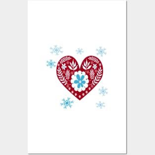 Winter Scandinavian Design on White Background Cute Simple Nordic Heart and Snowflakes Posters and Art